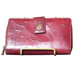 Valentina Italy Leather Wallet Tooled Tulip Burgundy Zip Around Bifold Boho EUC